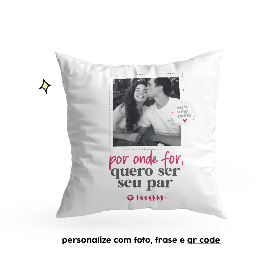 Almofada personalizada com frase, foto e qr code do Spotify