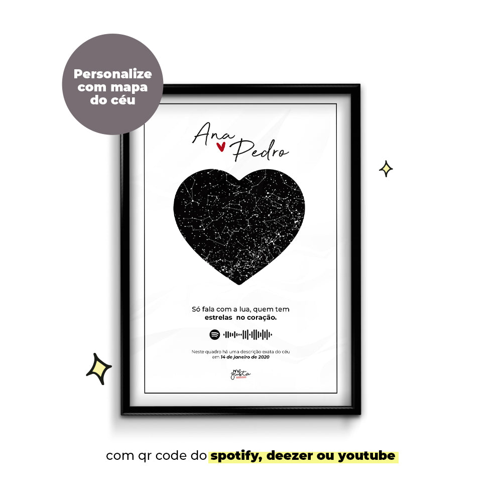 Quadro personalizado -  escrito nas estrelas preto em formato coração com qr code