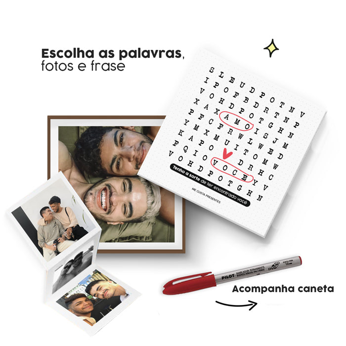 Caixa personalizada com caça-palavras e fotos especiais