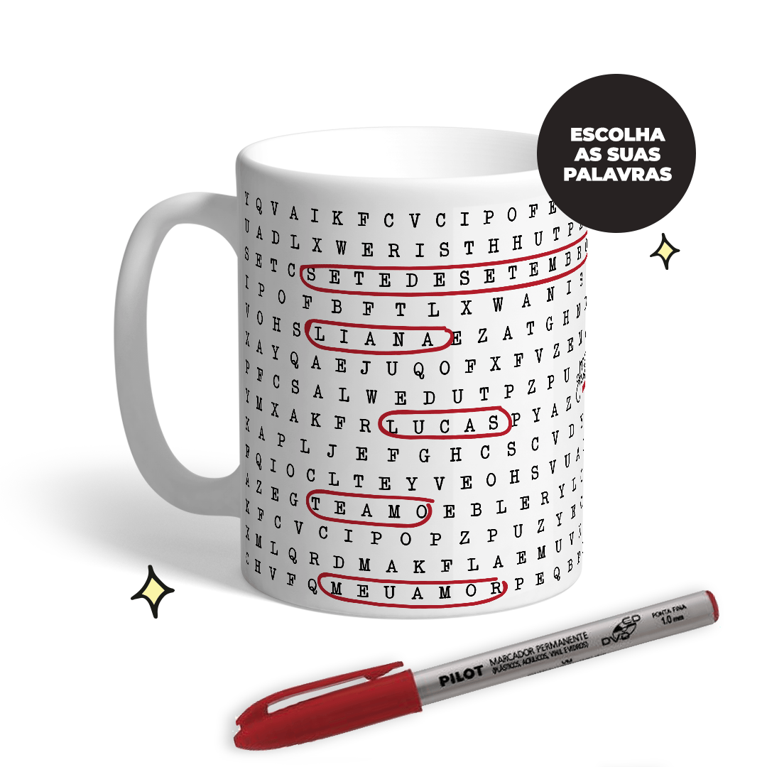 Caneca personalizada - Caça-palavras - Me Gusta Presentes