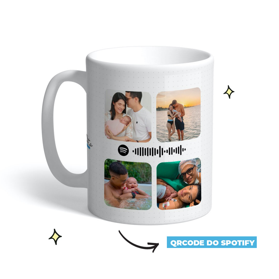 Caneca personalizada com 4 fotos e qrcode do Spotify